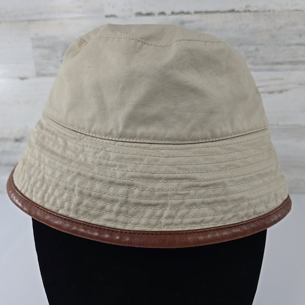 VTG Y2K BANANA REPUBLIC Cotton Bucket Hat M/L Beige Canvas Brown Leather Trim...